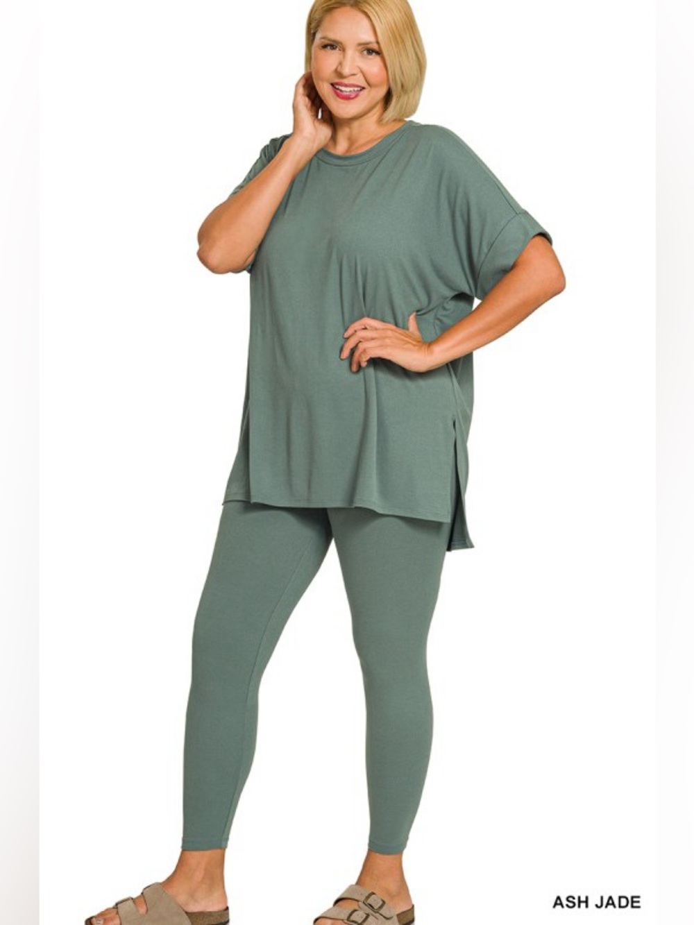 NWT Zenana PLUS 2pc SET BRUSHED DTY MICROFIBER SUPER SOFT ASH GREEN COMFY SET - Picture 2 of 2